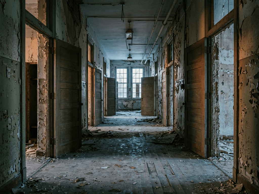 Long corridor in an abandoned building with open doors and peeling paint