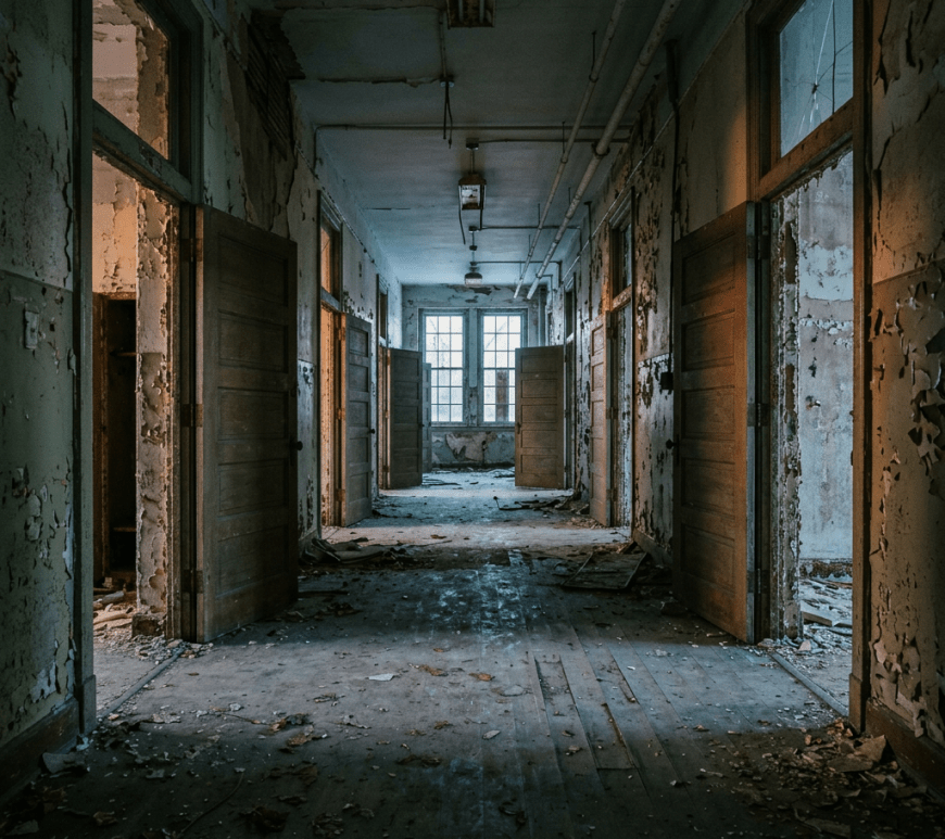 Long corridor in an abandoned building with open doors and peeling paint